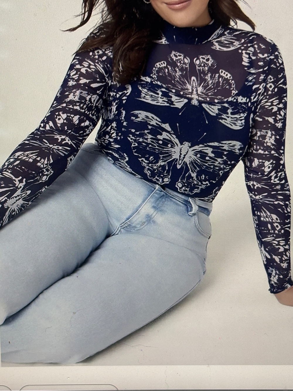Lane Bryant Navy Sheer Long-Sleeve Butterfly Print Top 14/16